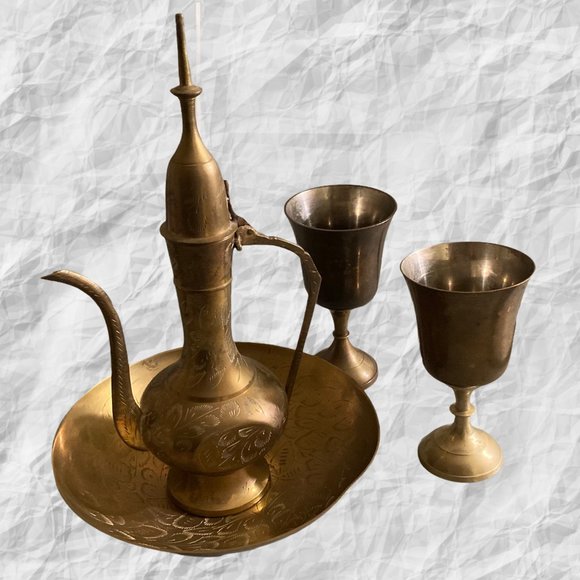 Vintage Etched Brass Aftaba Indian Tea Set - Picture 1 of 15